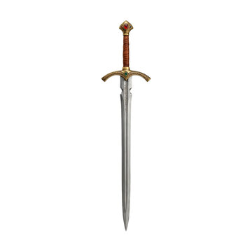 Medieval longsword with brown leather wrapped hilt, gold crossguard, and red gemstone pommel isolated on a transparent background