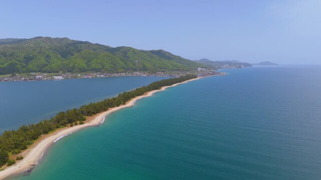 Aerial panorama of Amanohashidate sandbar and Miyazu Bay in Kyoto, Japan