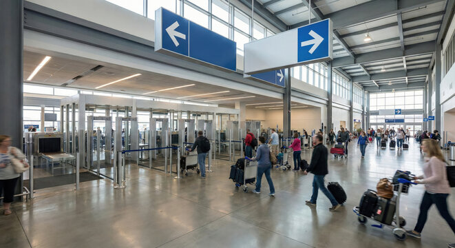 Passengers passing through airport security checkpoint with luggage