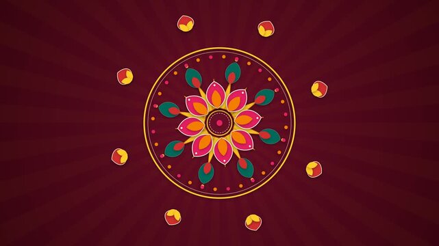 Animated traditional Indian mandala and diya festive pattern