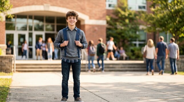 Happy teenage boy with backpack smiles in front of school building ready for back to school season