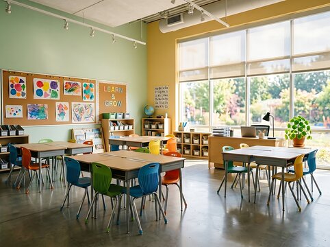 A vibrant and cheerful elementary school classroom setting with student desks neatly arranged and colorful children's artwork prominently displayed on the walls in