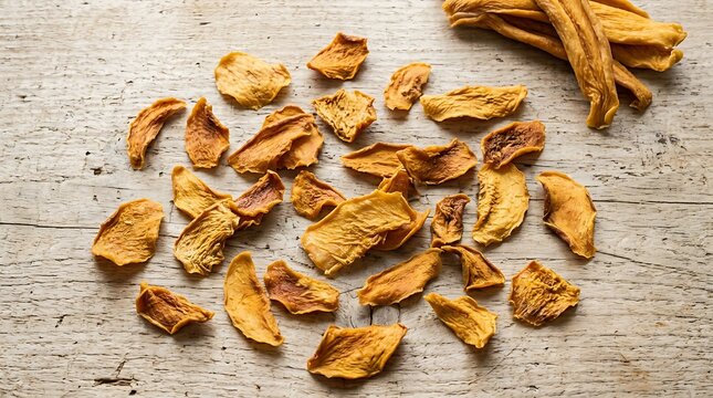Dried apple slices scattered on a rustic wooden table for healthy snack and organic food photography. dried mango flakes