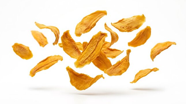 Fresh orange mango fruit slices falling and flying in the air as healthy food snack illustration. dried mango flakes