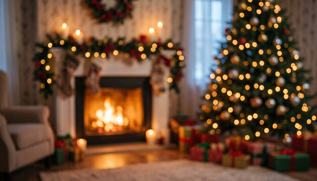 A cozy Christmas living room with a decorated tree, glowing lights, and a warm fireplace. Presents are neatly wrapped and placed on the floor, creating a festive atmosphere.