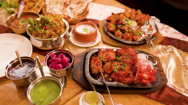 Traditional Indian Feast with Chicken Tikka and Biryani on Table