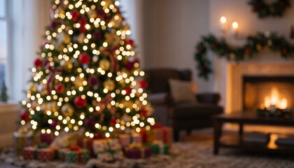 A beautifully decorated Christmas tree with colorful ornaments and lights illuminated. Gifts are arranged beneath the tree in a cozy, festive living room setting. © Aditya