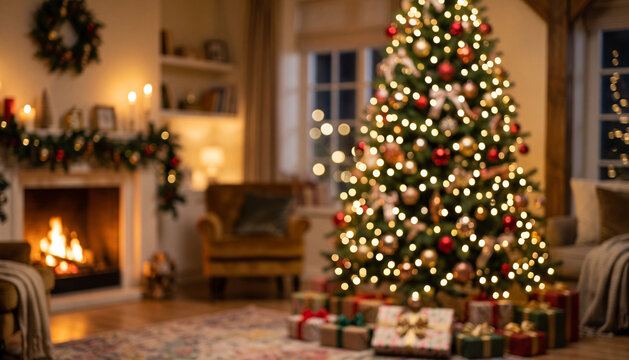 A cozy holiday scene featuring a beautifully decorated Christmas tree with lights and ornaments, surrounded by gifts and a glowing fireplace.