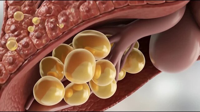 Fatty Liver Disease Damaged Liver Cell Tissue, Lipid Droplet Accumulation, Inflammation, Metabolism Injury, and Hepatic Steatosis Medical Illustration, Cross Section Anatomy