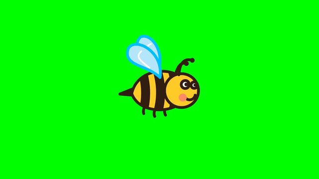 Cute cartoon bee flying on green screen background