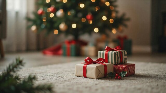 Christmas presents with red ribbons in front of a softly glowing decorated tree