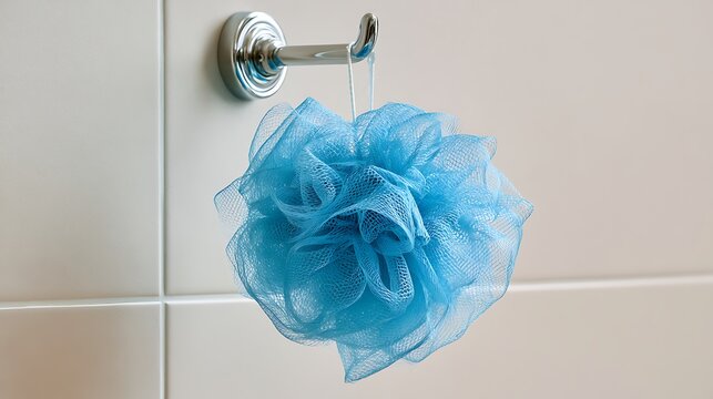 Blue bath sponge hanging on hook