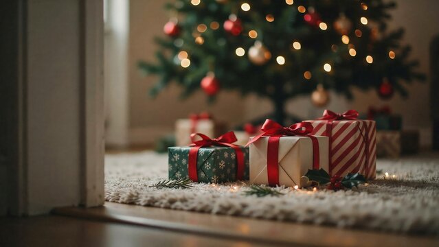 Wrapped Christmas gifts arranged beside a decorated tree in a cozy home