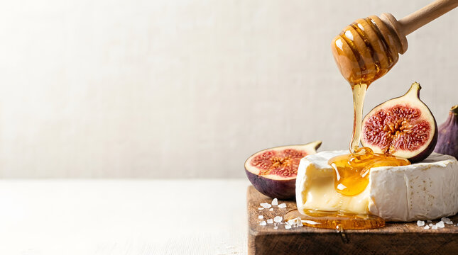 Honey Dripping From Wooden Dipper Over Camembert Cheese Wheel And Sliced Fresh Figs
