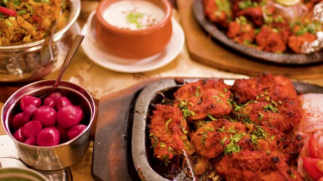 Traditional Indian Cuisine Feast with Chicken Tikka and Biryani