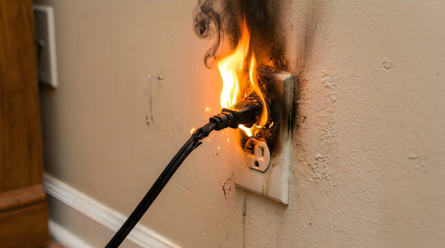 Dangerous electrical fire at a wall power outlet plug