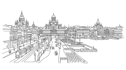 Fototapeta premium Black and White Line Art Drawing of a Coastal European Cityscape