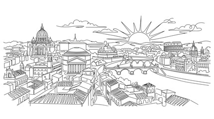 Obraz premium Continuous Line Drawing of a European City Skyline at Sunrise
