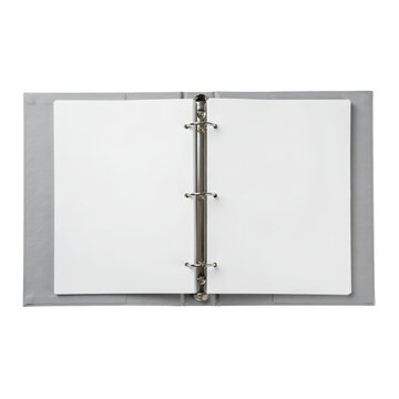 Open gray three ring binder with blank white paper pages showing metal spine mechanism isolated on a transparent background