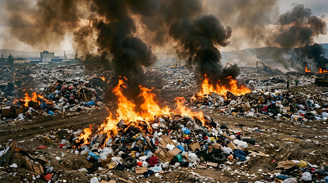 Large garbage pile burning with thick smoke in a landfill