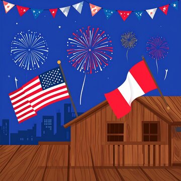 USA and Peru flags with fireworks over a wooden house.