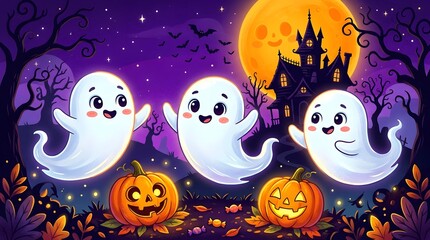 Obraz premium Cute ghosts floating above carved pumpkins at night with a haunted house background