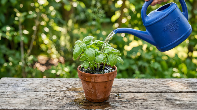 Watering a green basil plant in a pot outdoors