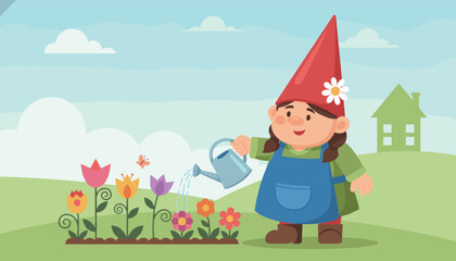 Naklejka premium Friendly garden gnome wearing a red hat and blue apron watering colorful flowers in the backyard with a watering can.