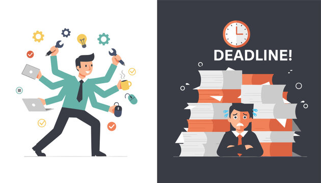 Comparison between a successful multitasking professional and an overwhelmed worker stressed by heaps of paperwork.