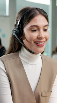 Conversation, smile and woman at call center with headset, consultant and faq for customer service. Happy, agent and coworking in office with tech, virtual assistance or speaking for telecom advisory