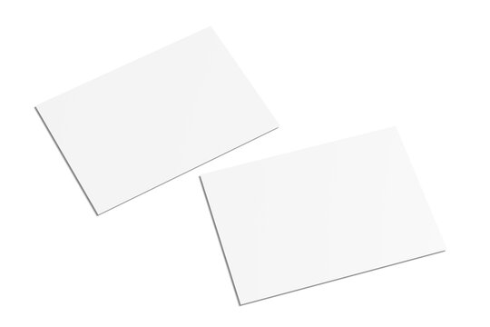 Postcard mockup set with two blank white horizontal cards isolated on transparent background, corporate identity flyer template top view flat lay presentation, 3d render