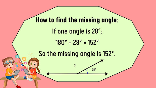 Educational geometry diagram showing how to find a missing angle, math lesson for kids, supplementary angles calculation on pink background