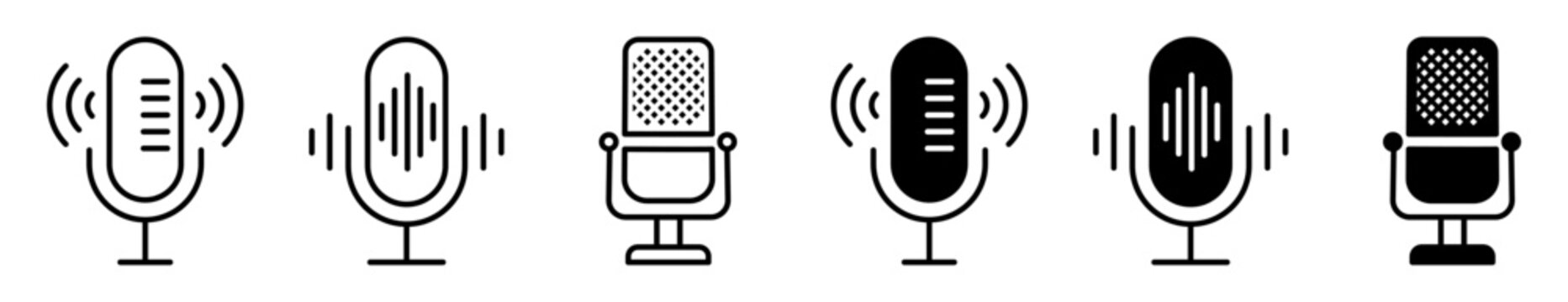 Microphone icon set for audio recording, podcasts, broadcasting, music, and voice communication.
