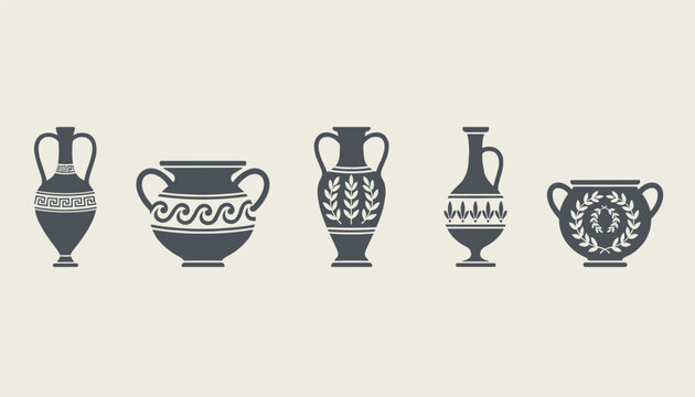 Five dark silhouettes of ancient Greek clay vases and amphorae decorated with traditional patterns and ornaments.