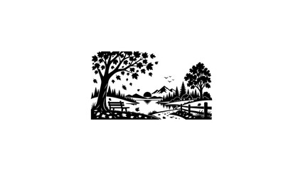 Fototapeta premium Park scene with bench trees lake and mountains for outdoor recreation.