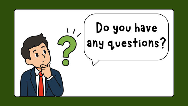 Professional businessman with question mark, speech bubble asking do you have any questions, corporate presentation slide concept