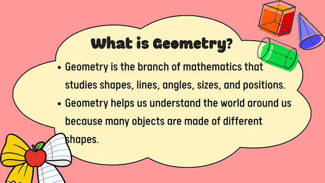 Educational geometry presentation slide, colorful mathematics learning poster for kids, school classroom teaching aid with 3D geometric shapes