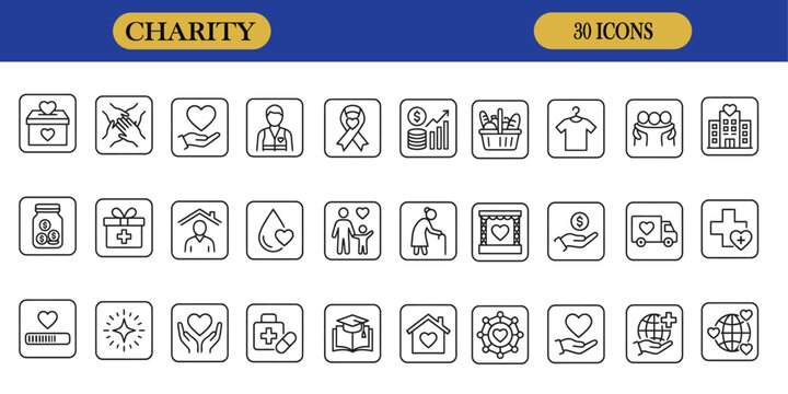 A comprehensive collection of black and white charity vector icons and illustration designs featuring various abstract symbols and shapes