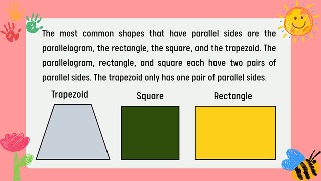 Educational geometry poster for kids, colorful shapes with parallel sides, primary school mathematics learning material with trapezoid square and rectangle