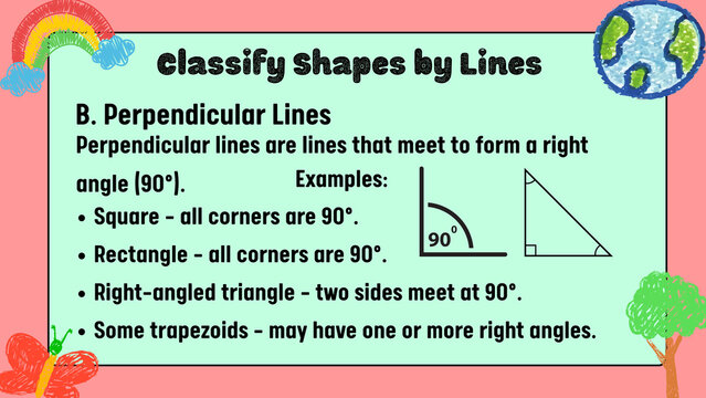 Educational geometry poster for classifying shapes by lines, perpendicular lines and right angle math lesson, colorful elementary school teaching aid