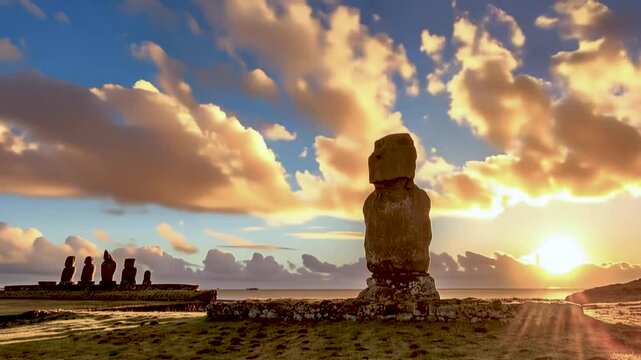 Moai Statues on Stone Platforms Overlooking Pacific Ocean at Tahai Archaeological Complex, Easter Island, Valparaiso, Chile. Time Lapse Video