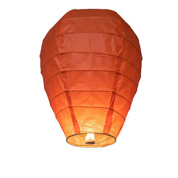 Orange paper sky lantern with a glowing flame at the bottom opening isolated on a transparent background