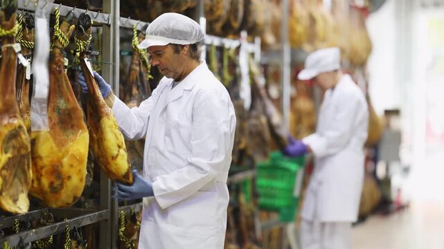 Skilled male worker checks the jamon at the factory. Meat quality control production process. 