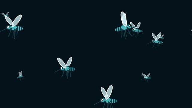 Animated group of blue mosquitoes flying on dark background