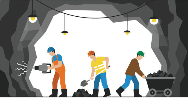 Hardworking coal miners drilling, shoveling, and transporting coal in a cart inside a illuminated dark underground mine.