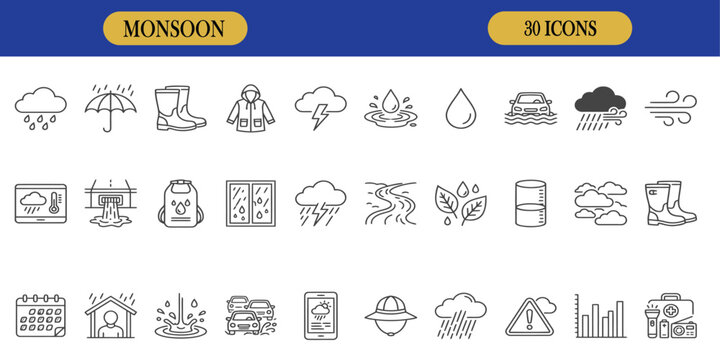A comprehensive collection of hand drawn style monsoon vector icons and illustration elements for creative design projects and web