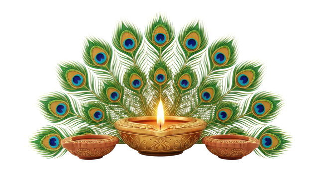 Beautiful glowing traditional clay oil lamp diya for diwali festival with colorful peacock feather background