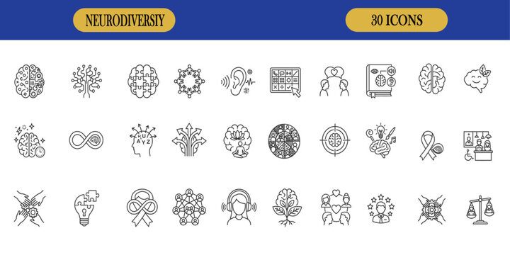 A collection of creative neurodiversity vector icons and illustration designs featuring various abstract shapes and artistic line art elements