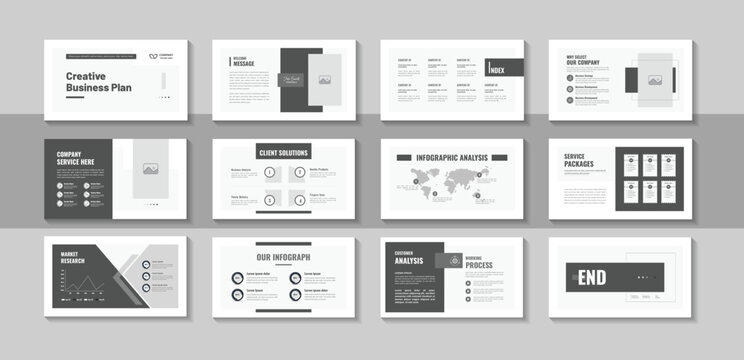 Business plan presentation design layout, contemporary clean pitch deck template for digital brand guidelines, company portfolio, corporate report and modern marketing social media banner