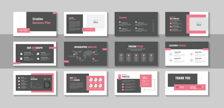 Business plan presentation design layout with clean pitch deck template for digital brand guidelines, company portfolio, corporate report and contemporary horizontal vector flyer layout